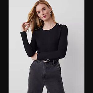 Ann Taylor Button-Shoulder Ponte Top Long Sleeve Shade Black Sz XL Retail $69.50